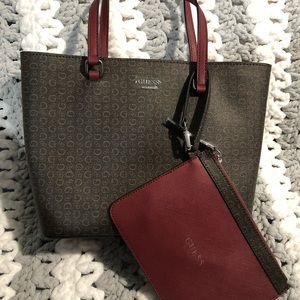 Brown & Maroon GUESS purse with wallet